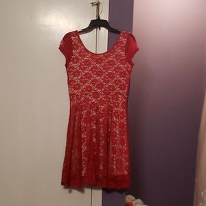 Red lacy knee length dress with scoop neck
